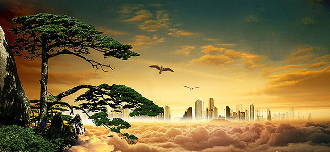 有城市有黃山迎客松有飛鳥，可用于體現(xiàn)自存高遠(yuǎn)的企業(yè)文化。